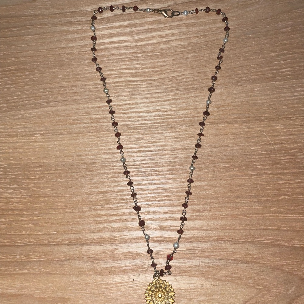 Gold Sunflower Pendant Necklace with Garnet and Pearl Beads